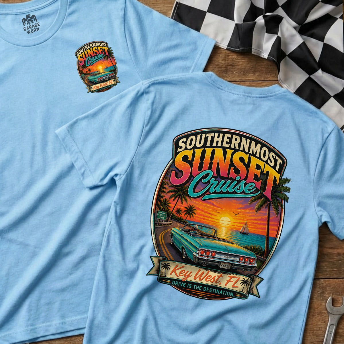 Light blue t-shirts with "Southernmost Sunset Cruise" tropical car graphic and Key West, FL.