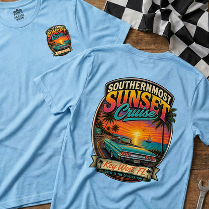 Light blue t-shirts with "Southernmost Sunset Cruise" tropical car graphic and Key West, FL.