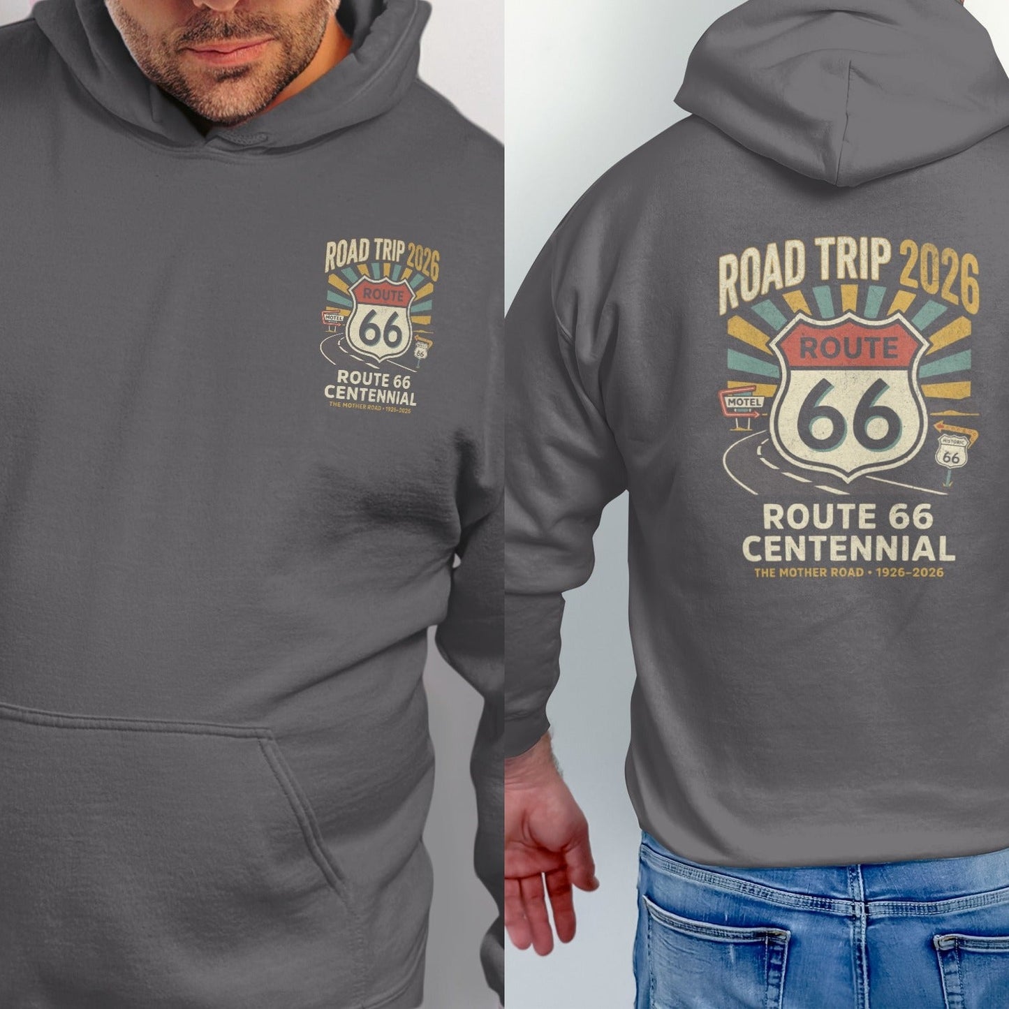 Grey hoodie featuring "Road Trip 2026 Route 66 Centennial" graphic.