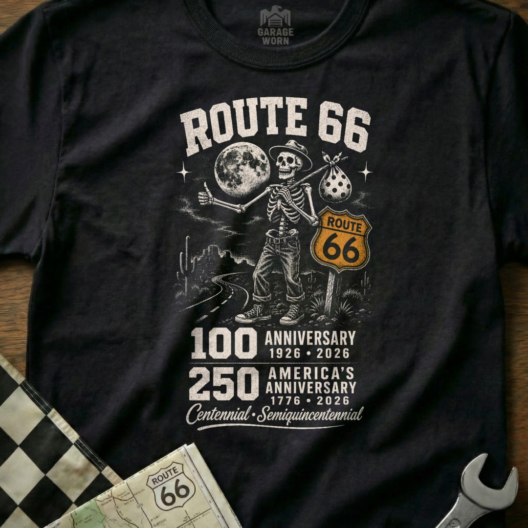 Black t-shirt with Route 66 skeleton hitchhiking under the moon.