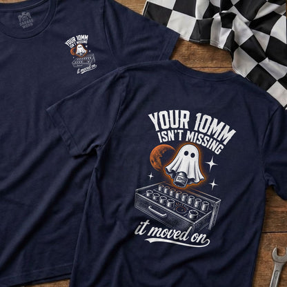 Navy t-shirt with "Your 10mm isn't missing it moved on" ghost graphic.