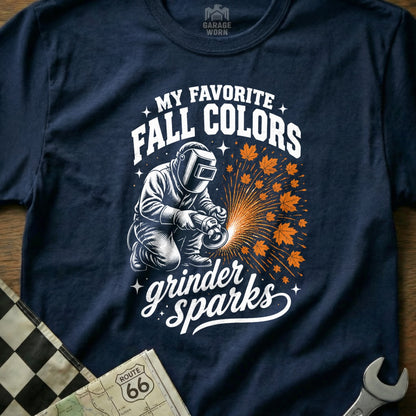 Dark blue t-shirt with graphic "My favorite fall colors grinder sparks".