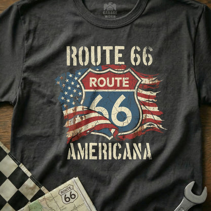 T-shirt featuring Route 66 Americana logo with distressed US flag.