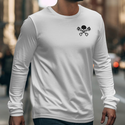 White long sleeve shirt with crossed pistons and skull emblem on chest.