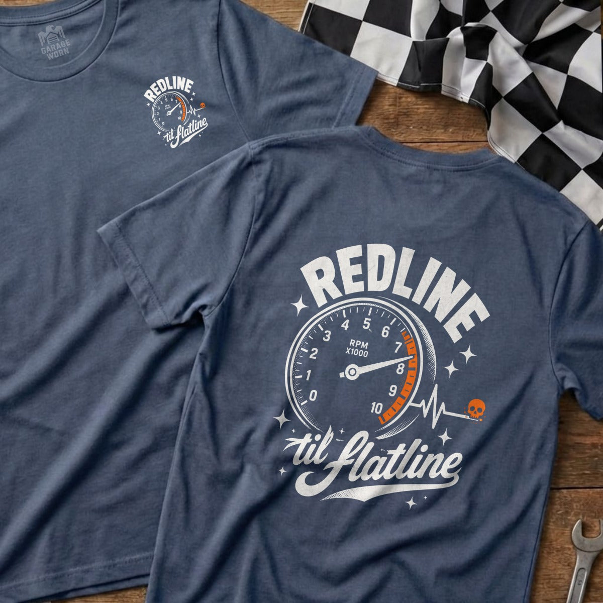 Blue t-shirt with "REDLINE til flatline" graphic featuring a tachometer and skull.