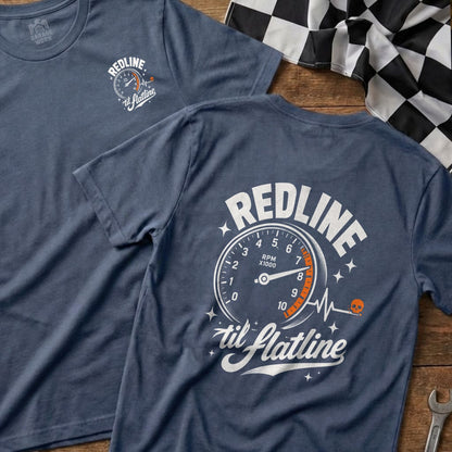 Blue t-shirt with "REDLINE til flatline" graphic featuring a tachometer and skull.