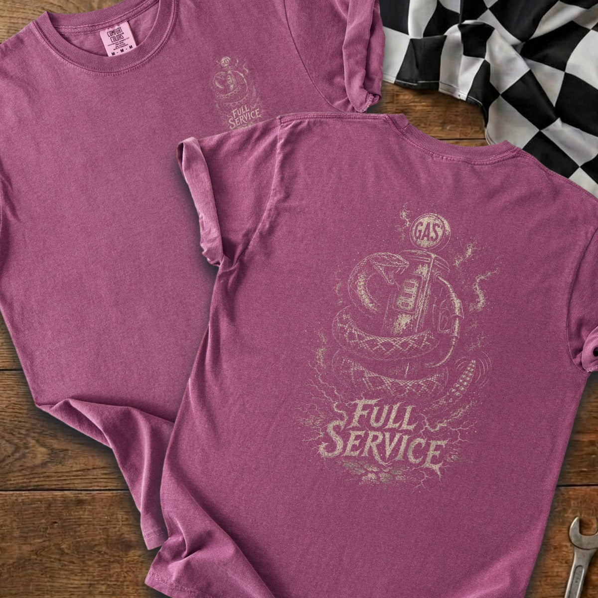 Two maroon t-shirts displayed, one with a "Full Service" logo and snake graphic.