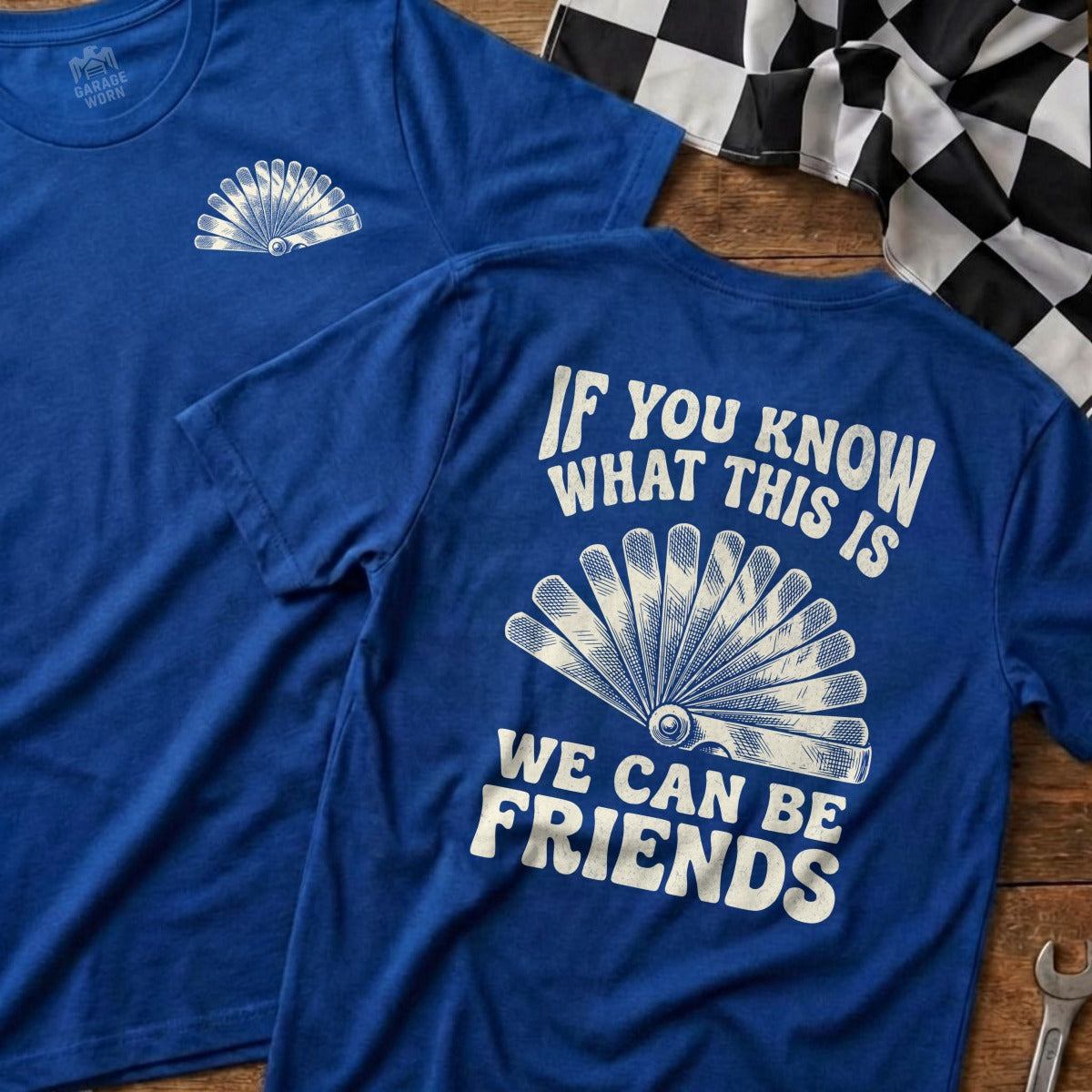 Blue t-shirt with "If you know what this is we can be friends" and fan graphic.
