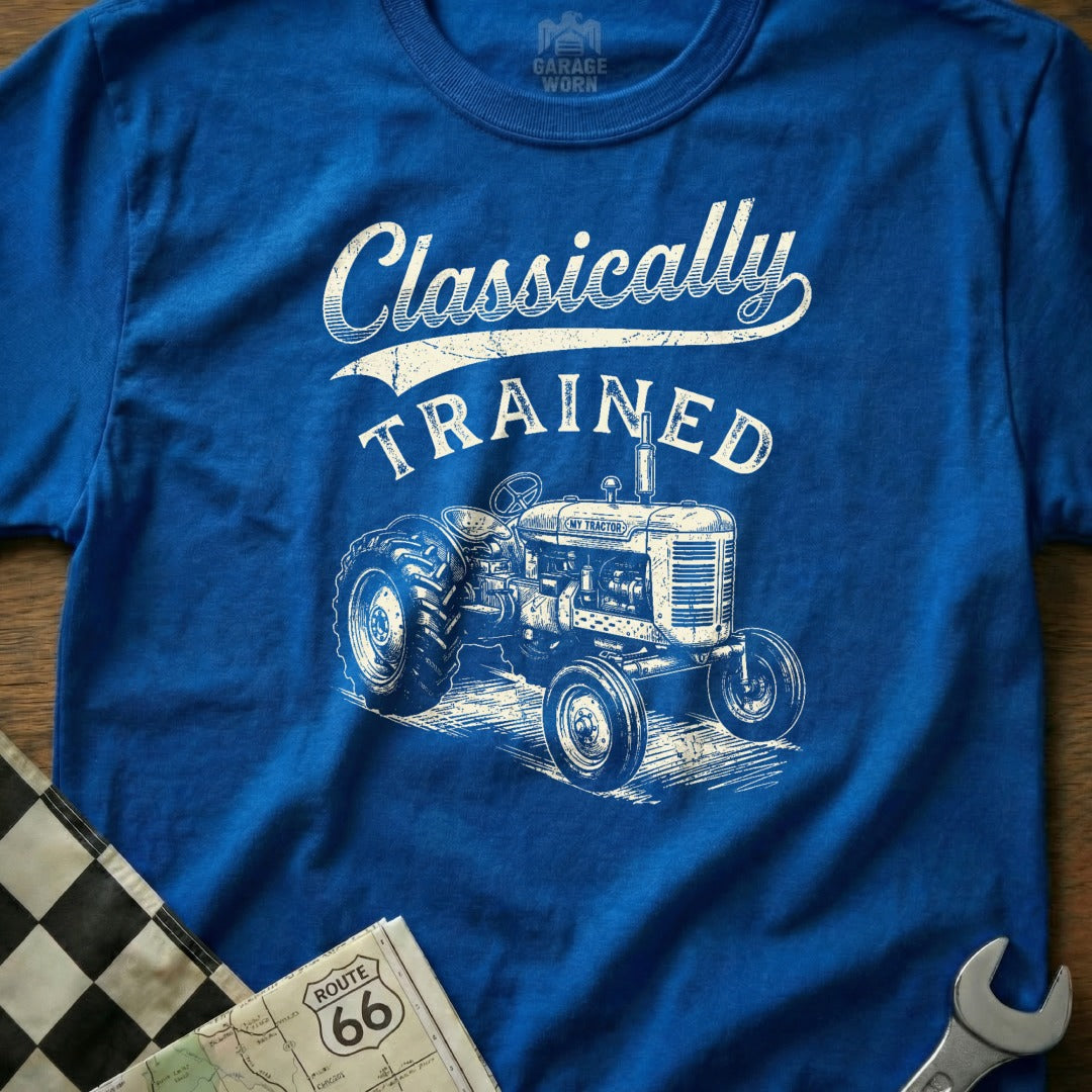 Blue t-shirt with vintage tractor graphic and "Classically Trained" text.