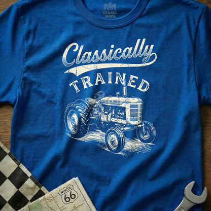 Blue t-shirt with vintage tractor graphic and "Classically Trained" text.