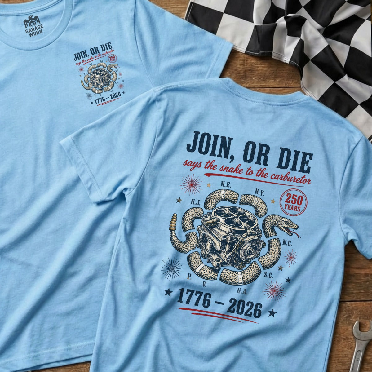 Light blue t-shirt with "Join or Die" snake and carburetor graphic.