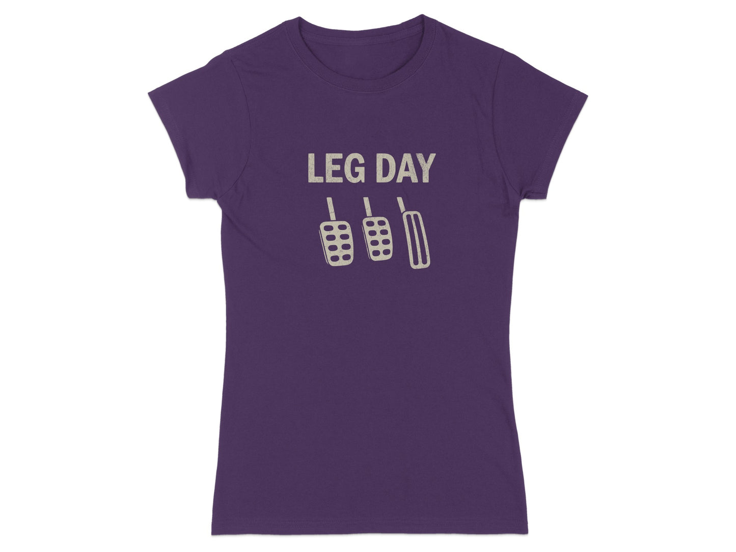 Purple t-shirt with "LEG DAY" and three pedal graphics.