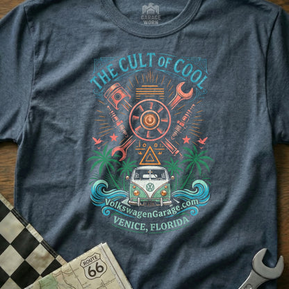The Cult of Cool shirt features a vintage VW van, waves, palms, and mechanics.