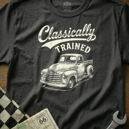 Klassically Trained graphic on a t-shirt with a vintage truck illustration and Route 66 map.