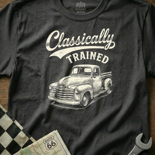Klassically Trained graphic on a t-shirt with a vintage truck illustration and Route 66 map.