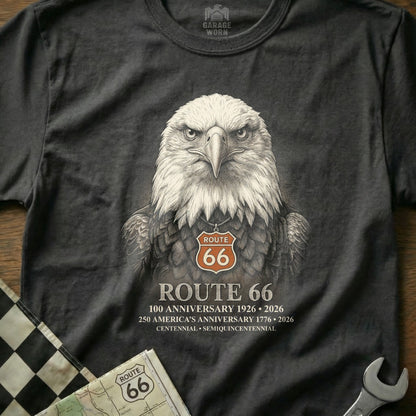 T-shirt with eagle wearing Route 66 pendant, commemorating 100th anniversary.
