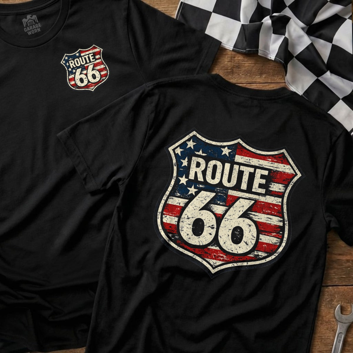 Black t-shirt featuring distressed Route 66 shield logo on back.