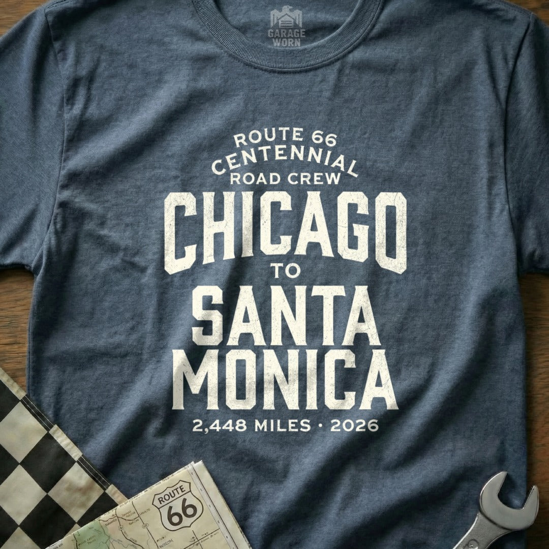 Navy t-shirt with Route 66 Centennial text "Chicago to Santa Monica" and distance.
