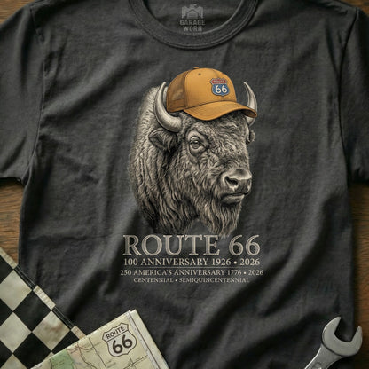 T-shirt with bison wearing Route 66 cap. Text reads "Route 66".