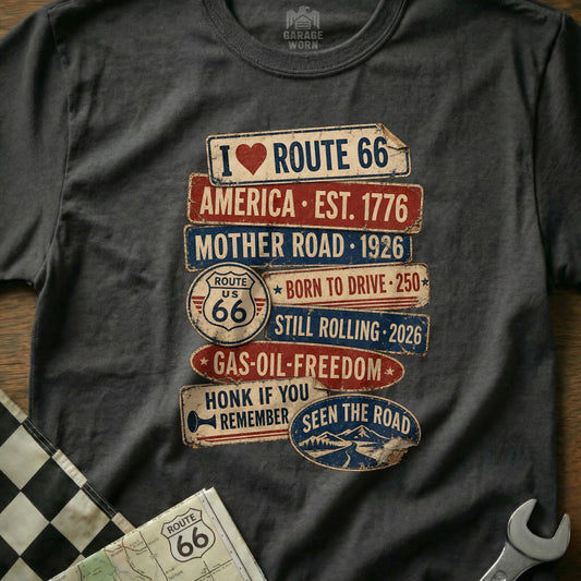 T-shirt with Route 66 signs: "America Est. 1776", "Born to Drive".