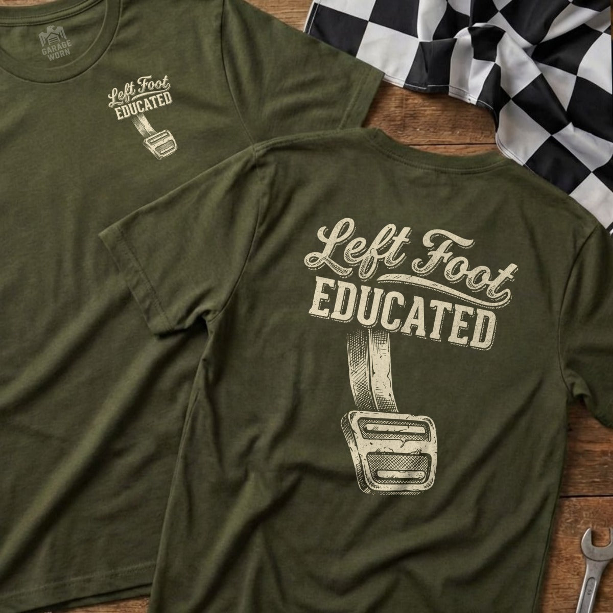 Olive green t-shirt with "Left Foot Educated" and gas pedal design.