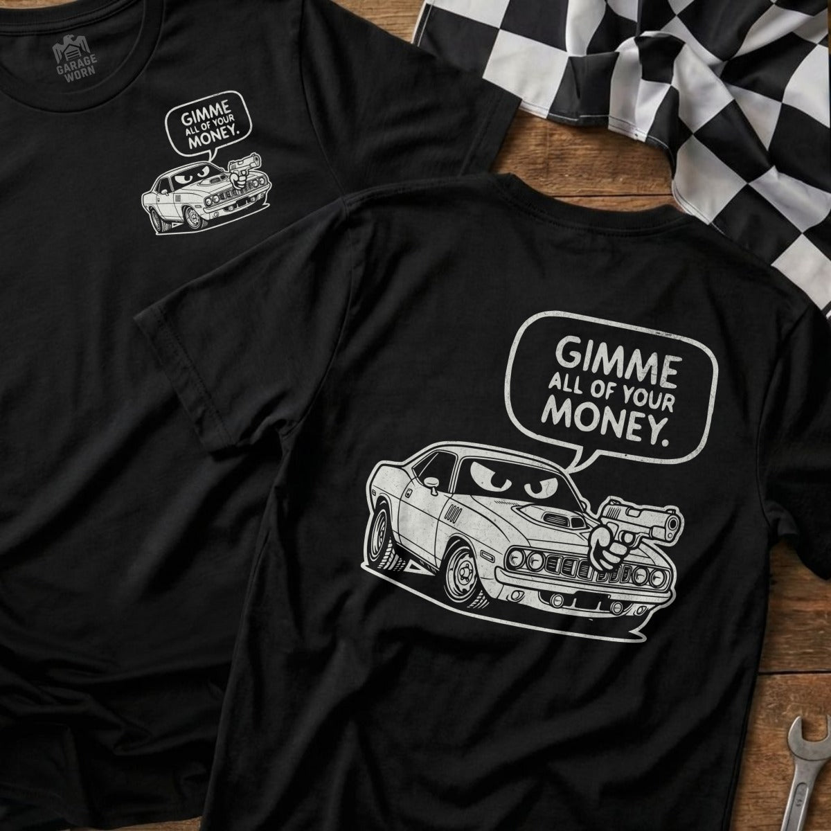 Classic Car Gun Gimme All Of Your Money Graphic product type
Muscle Car, Classic Car, Hot Rod, Automotive, Car Enthusiast, Funny Car Shirt, Gimme Money, Car Graphic, Black Tee, White Print, Cartoon Car, Retro Car, Vintage Car, Car With Gun, Speech Bubble, Racing Theme, Garage Style, Mechanic Gift, Speed Lover, Unique Design