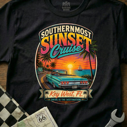 Southernmost Sunset Cruise in Key West, FL, with convertible and ocean vista.