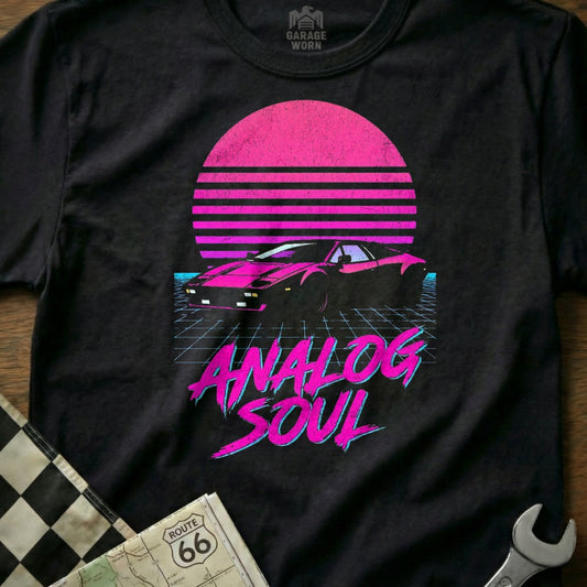 Retro Analog Soul Graphic Tee with Vintage Car Design