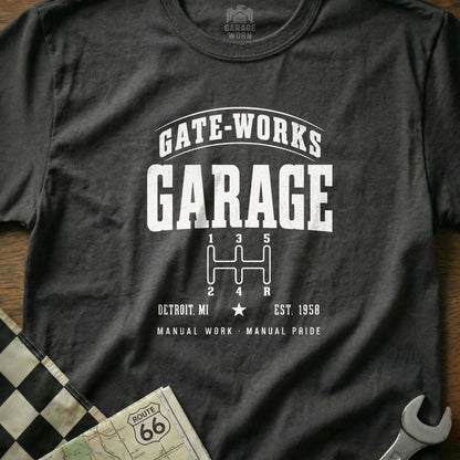 T-shirt with "GATE-WORKS GARAGE" logo and manual gear shift graphic.