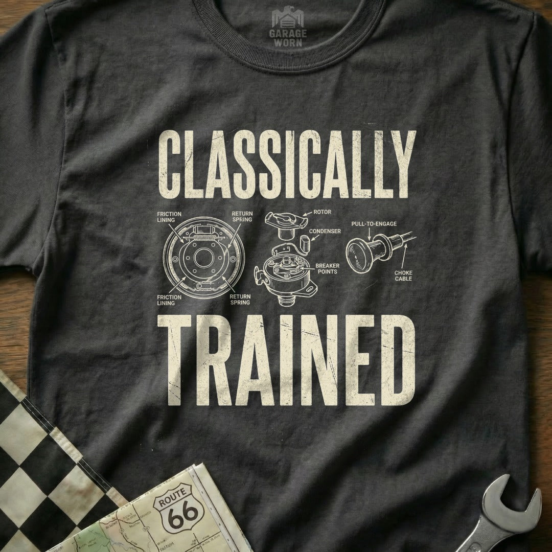 "CLASSICALLY TRAINED" text over diagram of car engine parts and Route 66 map.