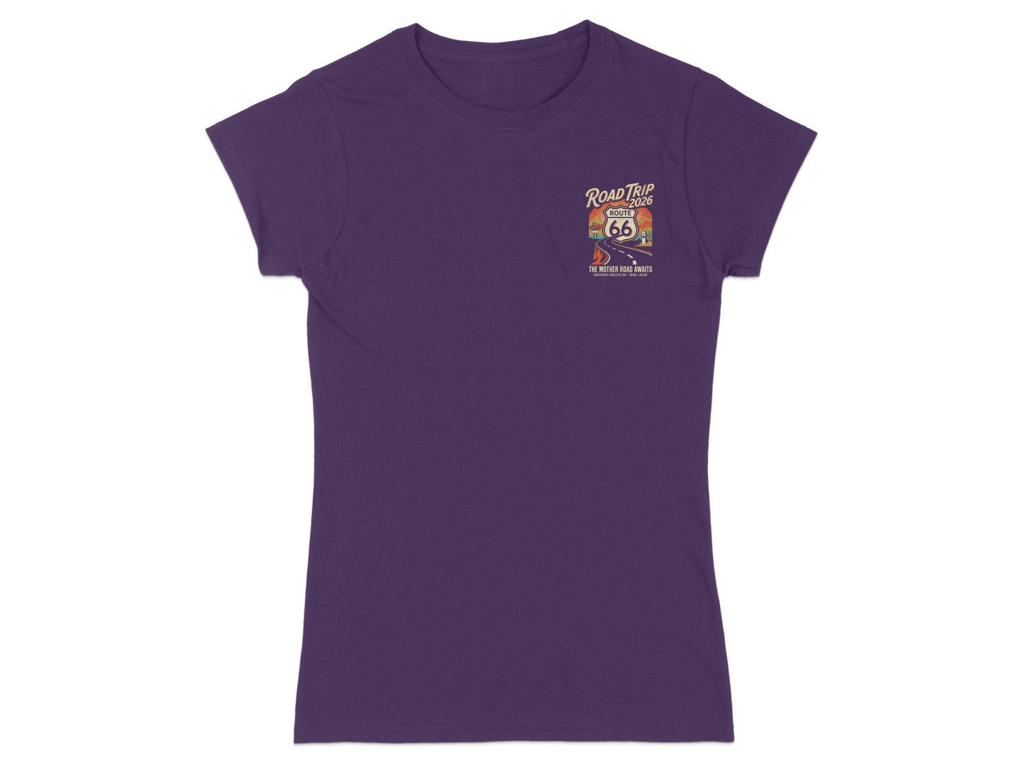 Purple t-shirt with Route 66 Road Trip logo featuring classic car and vintage sign.