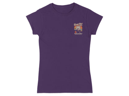 Purple t-shirt with Route 66 Road Trip logo featuring classic car and vintage sign.