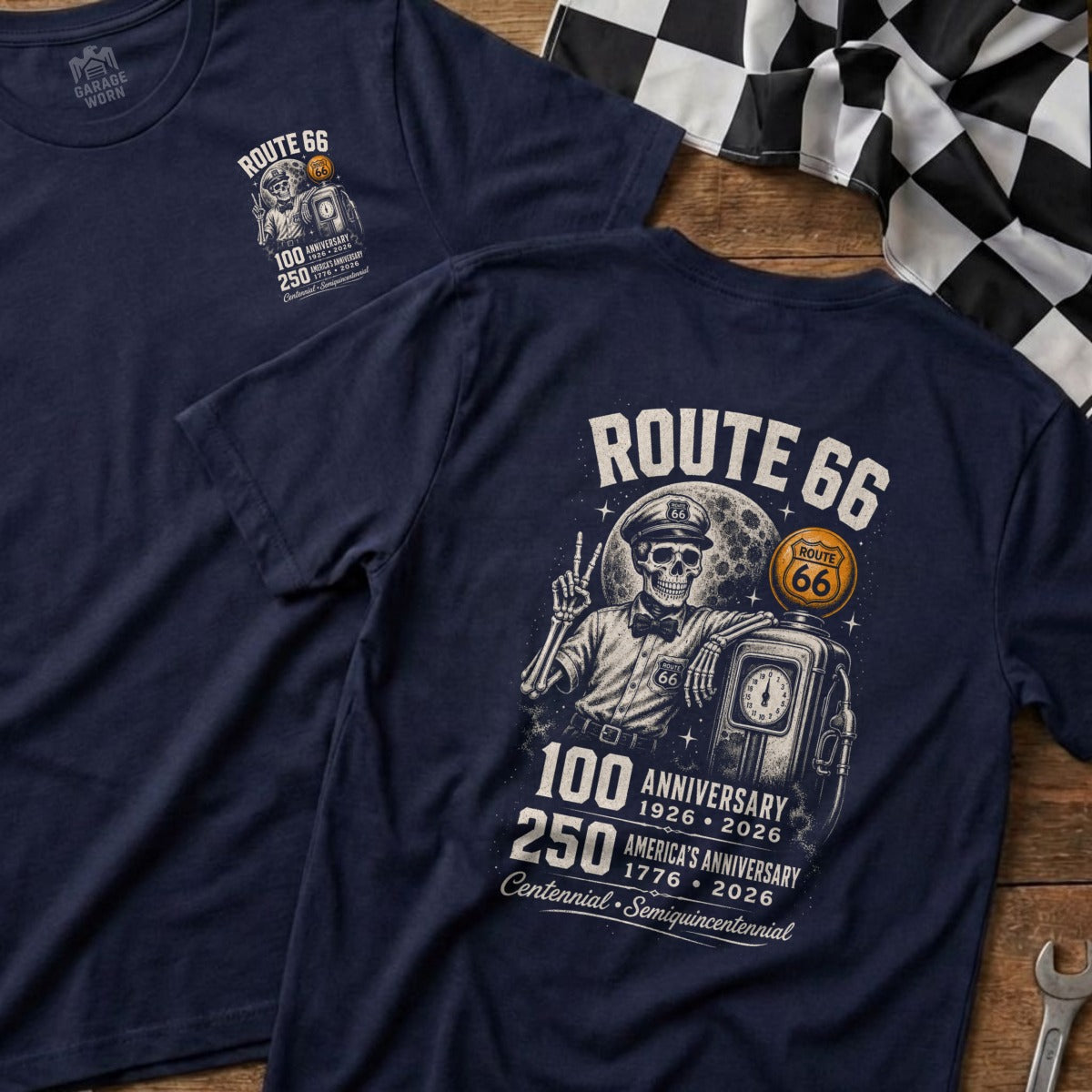 Navy t-shirt with "Route 66" graphic featuring skeleton, moon, and gas pump.
