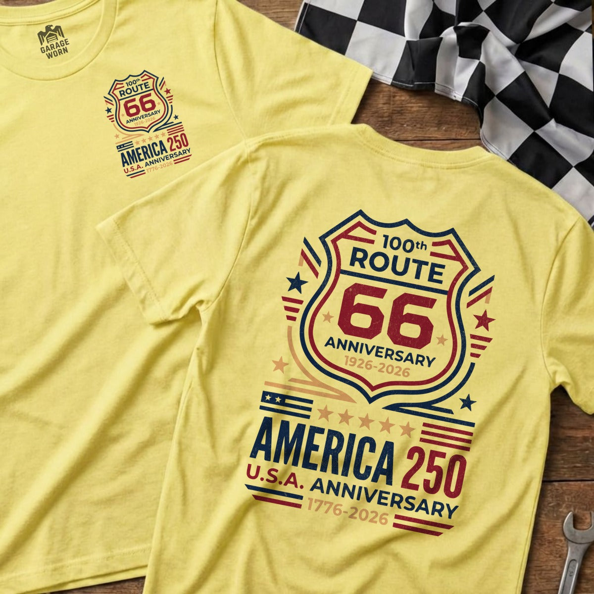 Yellow t-shirts featuring Route 66 100th Anniversary and America 250 designs.