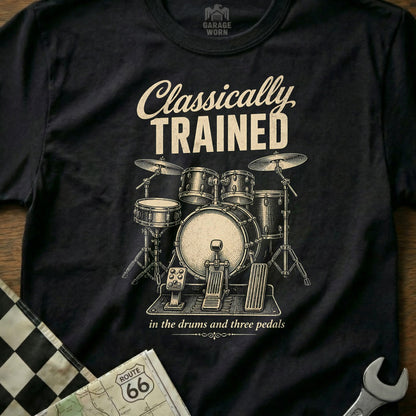 Drum kit illustration with text "Classically Trained in the drums and three pedals".