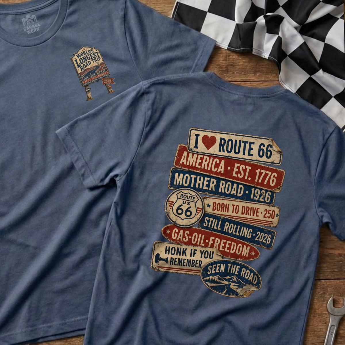 Route 66 graphic t-shirt with vintage road trip motifs and text.