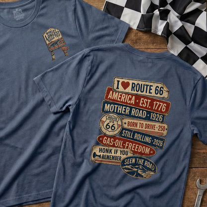 Route 66 graphic t-shirt with vintage road trip motifs and text.