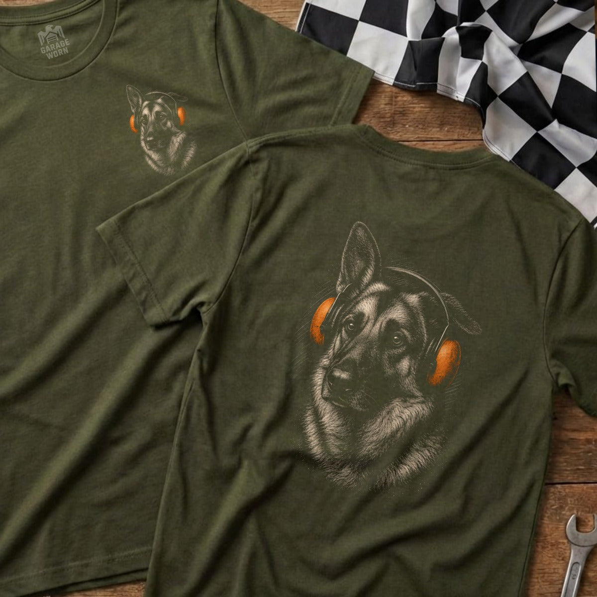 Olive t-shirts featuring a German Shepherd wearing orange headphones.