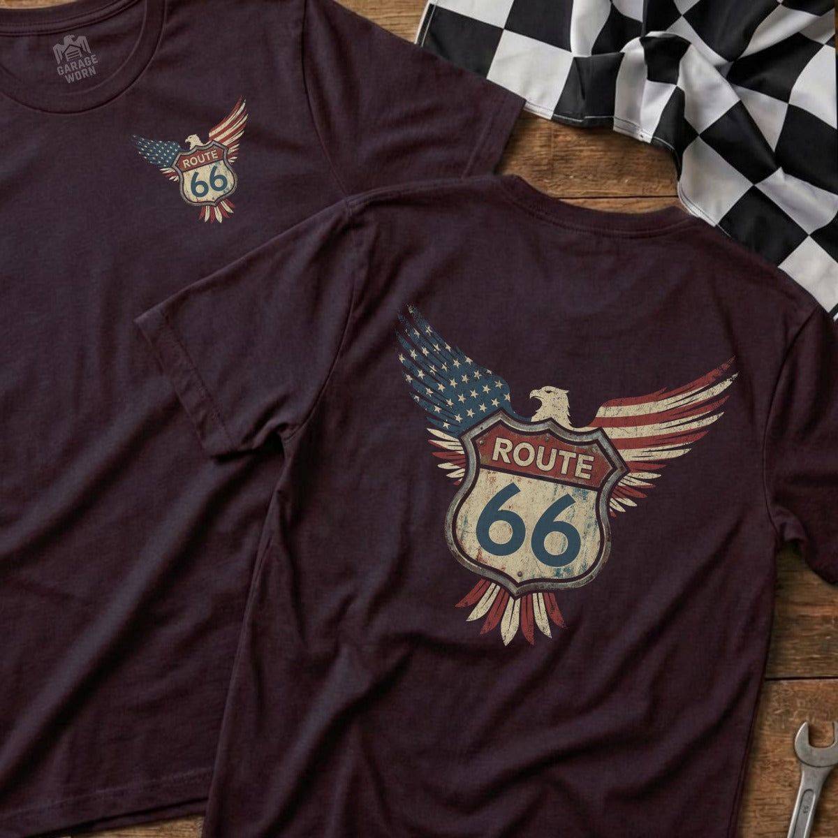 Maroon t-shirt with Route 66 eagle graphic and American flag wings.