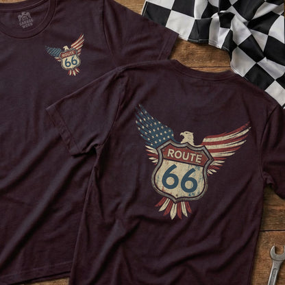 Maroon t-shirt with Route 66 eagle graphic and American flag wings.