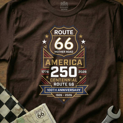 Brown t-shirt with Route 66 Centennial 100th Anniversary design.