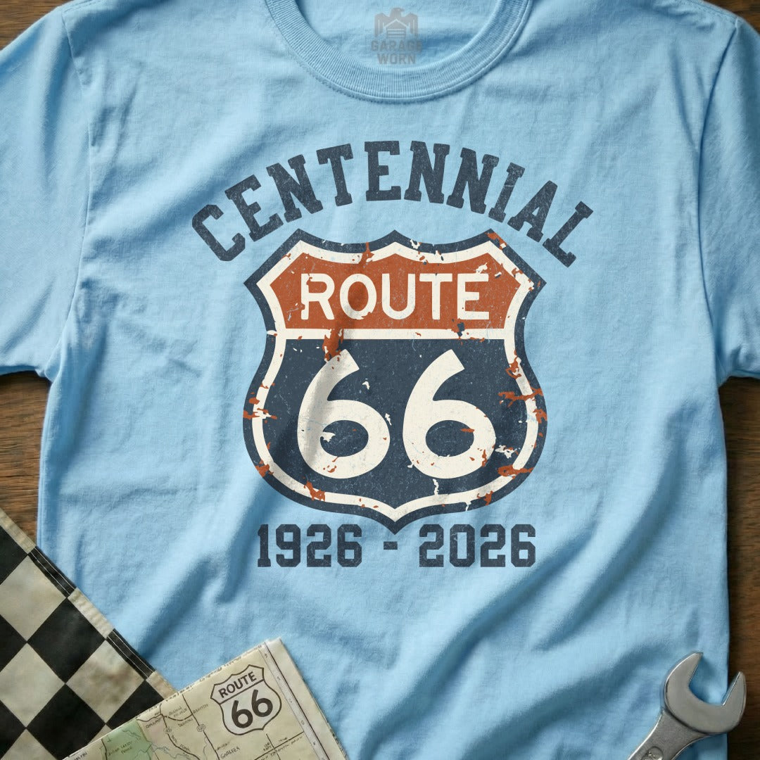 Light blue t-shirt with Route 66 Centennial logo and dates 1926-2026.