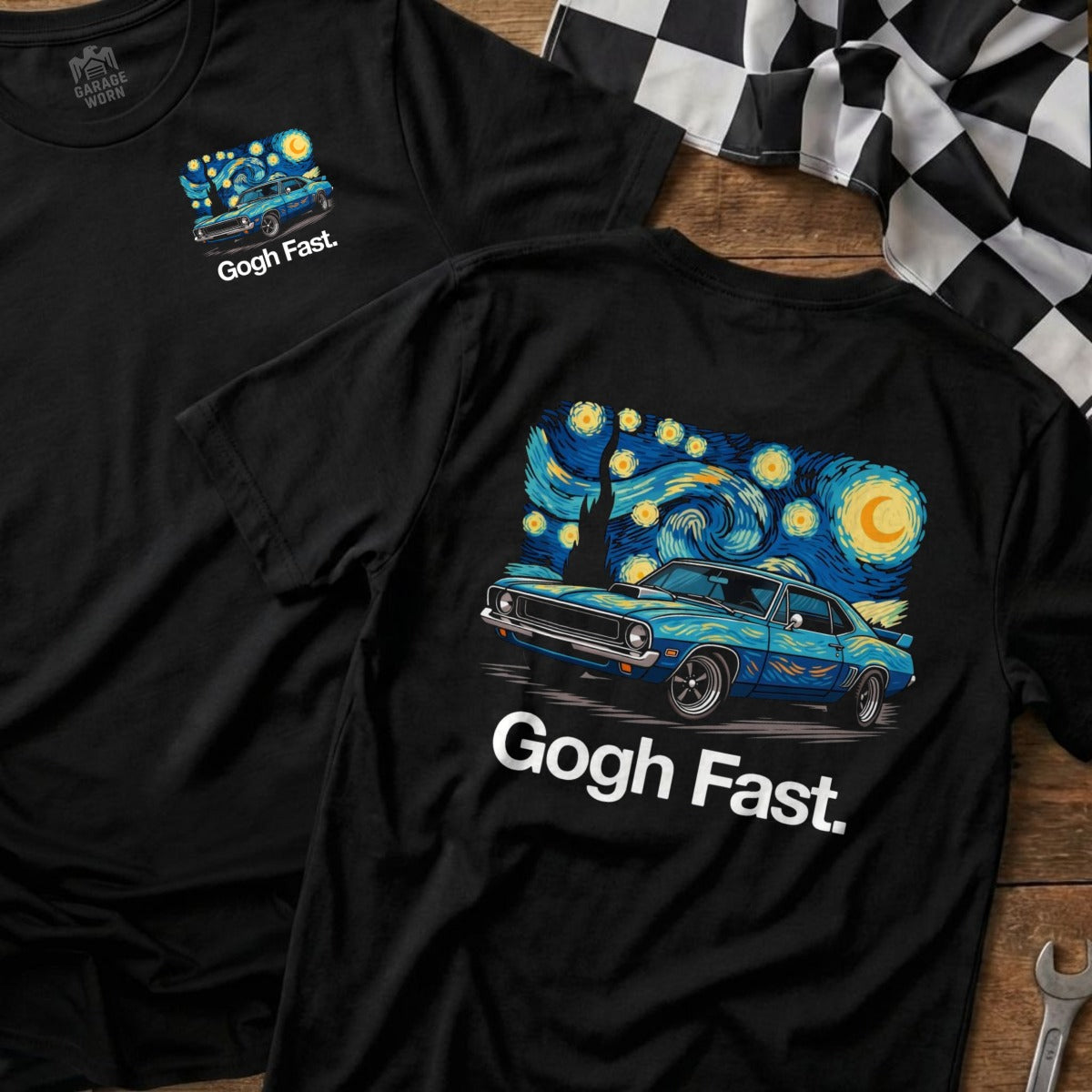 Black t-shirt with a blue car in a starry night sky and "Gogh Fast."