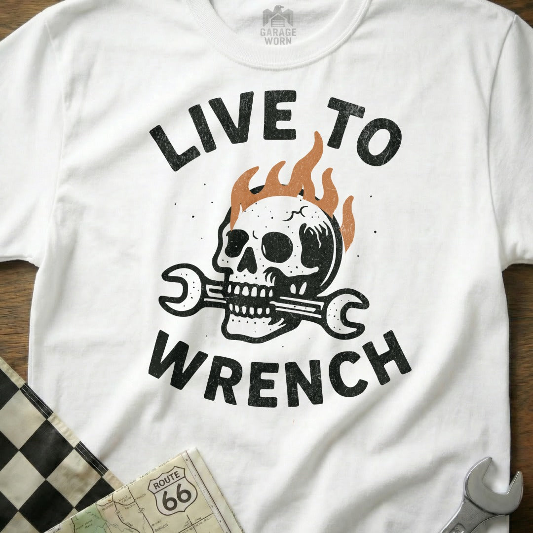 Live to Wrench Skull and Flame Graphic T-shirt
