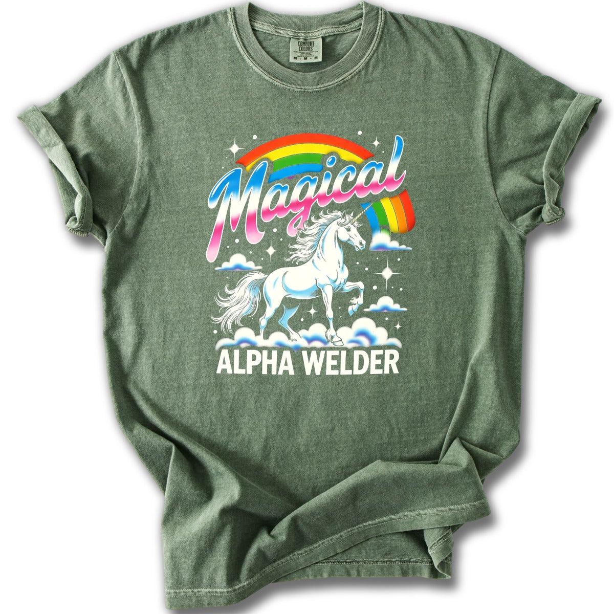 Magical Alpha Welder Graphic Tee with Rainbow Design