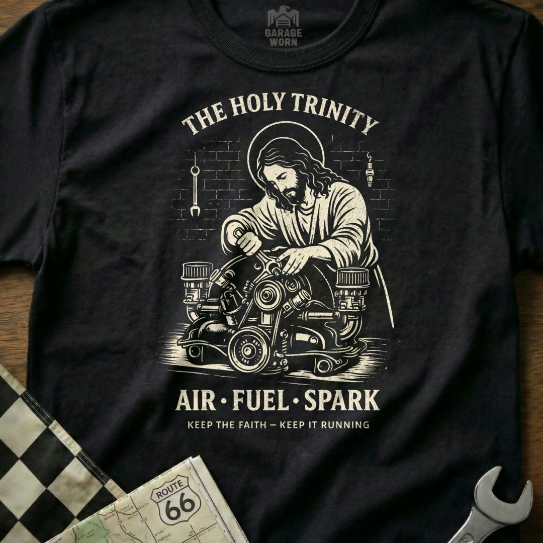 T-shirt with Jesus assembling an engine, reads "The Holy Trinity Air Fuel Spark Keep the Faith Keep it Running."
