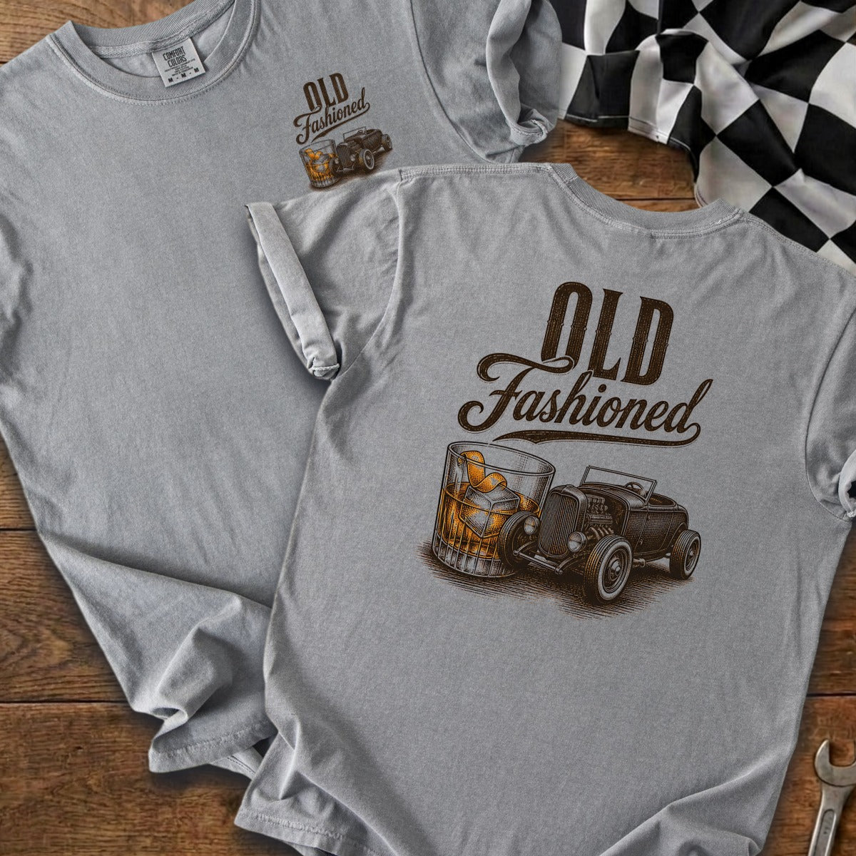 Gray t-shirt with "Old Fashioned" text and illustration of whiskey and hot rod car.