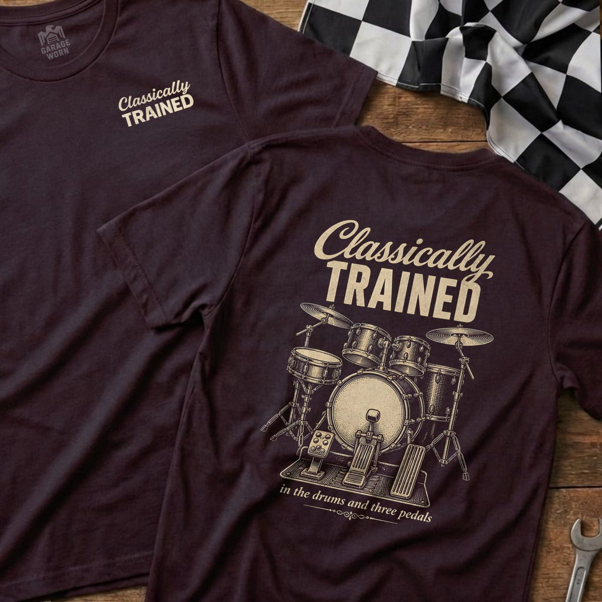 T-shirt with "Classically Trained" and drum set graphic.