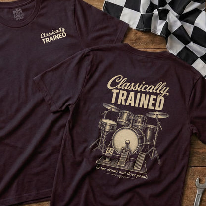T-shirt with "Classically Trained" and drum set graphic.