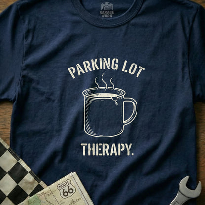 Navy t-shirt with "PARKING LOT THERAPY." and a steaming mug graphic.